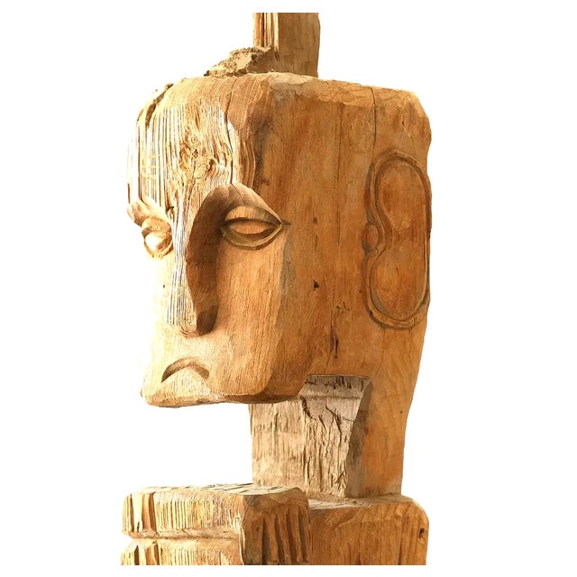 Folk Art 1950s Monumental Folk Wood Carved Scupture . Man and Cat.73 In. H. For Sale - Image 3 of 7