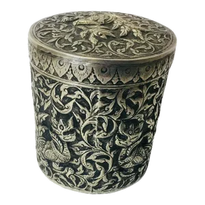 Chinese Silver Hand Chased Covered Jar With Foo Dogs