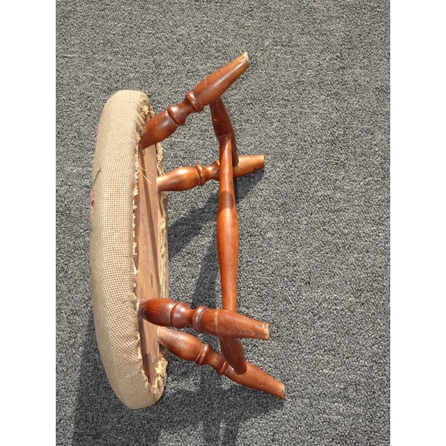 Vintage French Country Tan Needlepoint Floral Tapestry on Oak Turned Legs For Sale - Image 10 of 13