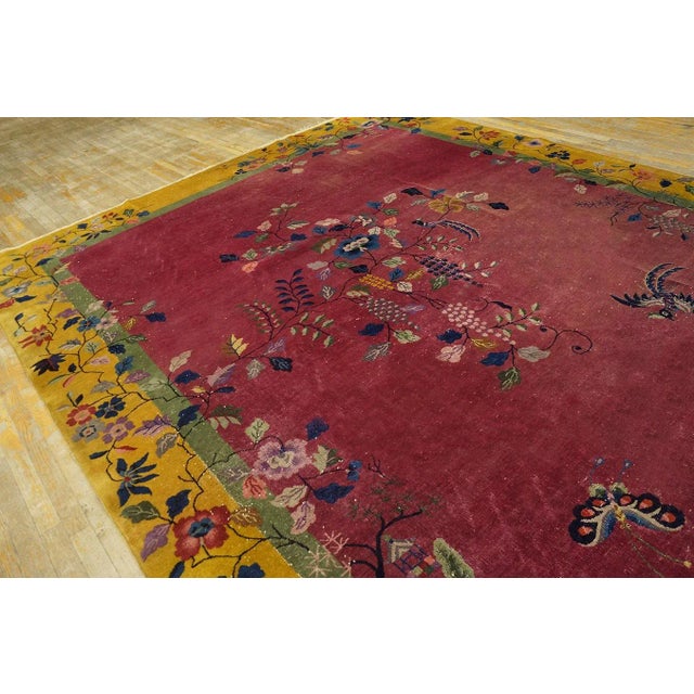 Art Deco 1920s Pink Rose Floral Antique Chinese Art Deco Carpet 9' X 12' Knotted Wool Rug For Sale - Image 3 of 11
