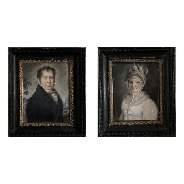 Portraits, 1820-1830, Pastel Drawings, Framed, Set of 2 For Sale