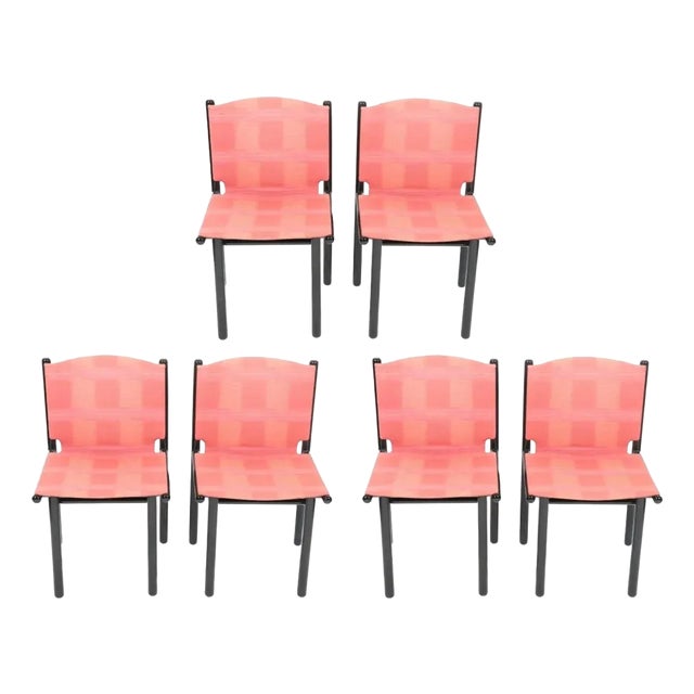 1980s Gianfranco Frattini for Cassina Dining Chair Set of 6, Black Lacquered Frame, Pink, 1985 For Sale