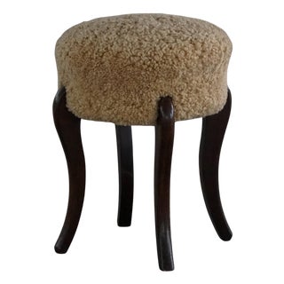 Mid-Century Danish Stool in Lambswool Upholstery with Curved Wooden Legs, 1940s For Sale