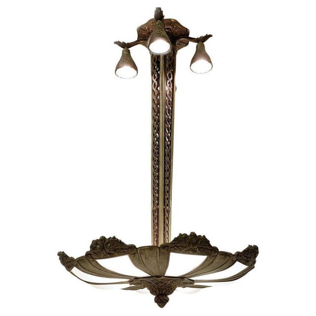 Goldenrod French Art Deco Frosted Glass and Bronze Pendant, 1920s For Sale - Image 8 of 8