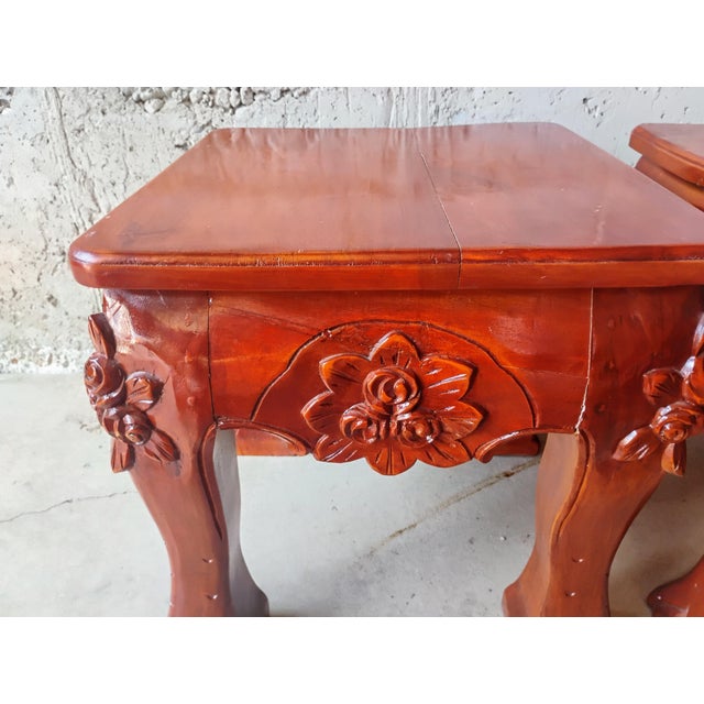 Hand Carved Narra Wood Coffee Table Set Floral Design 1950s Philippines, Set of 3 For Sale - Image 9 of 12