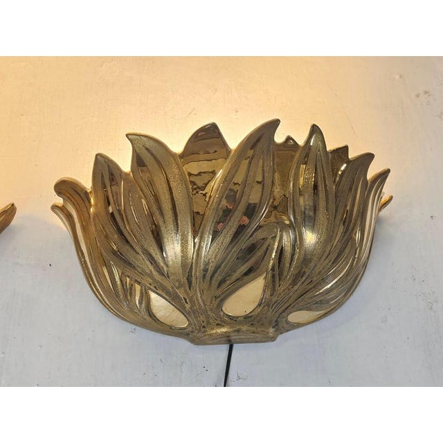 1980s Italian Gilt Metal Lotus Flower Wall Sconces, 1980s, Set of 2 For Sale - Image 5 of 13
