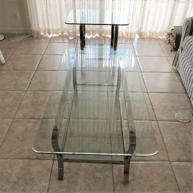 1980s Vintage 1980s Mid-Century Modern Chrome and Double 3/8" Glass Shelf Coffee Table - Side Table Also Available, Listed Separately. For Sale - Image 5 of 7