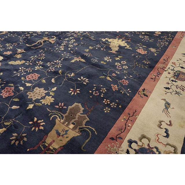 1920s Blue Floral Modern Antique Chinese Art Deco Rug 14' X 23' Handknotted Wool Carpet For Sale - Image 4 of 6