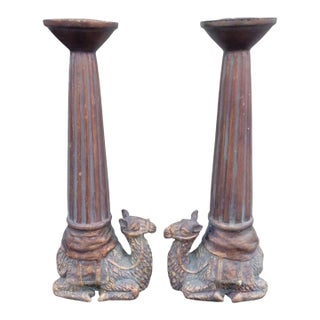 Vintage Tall Camel Carved Fluted Candle Holders- A Pair For Sale