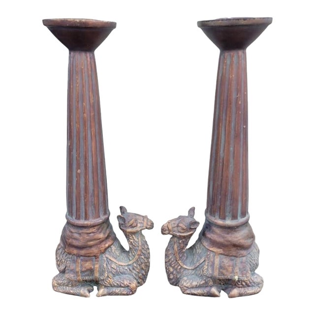 Vintage Tall Camel Carved Fluted Candle Holders- A Pair For Sale