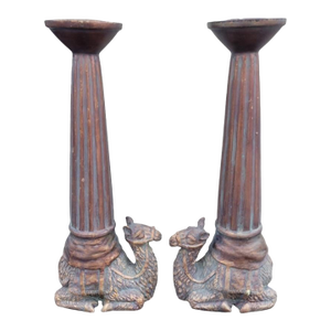 Vintage Tall Camel Carved Fluted Candle Holders- A Pair