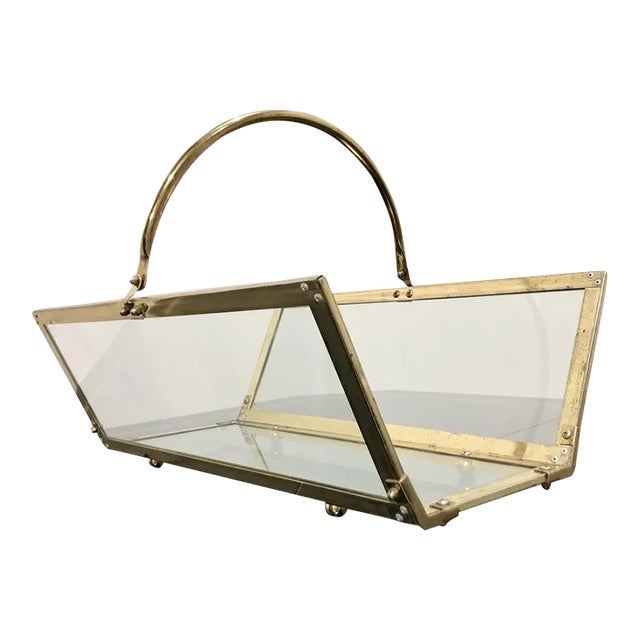 Vintage Brass & Glass Magazine Rack Holder For Sale