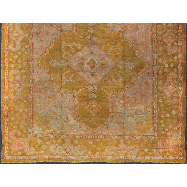 Squared Shape Antique Oushak Rug in Green, Marigold, Cream and Pink Color For Sale - Image 12 of 17