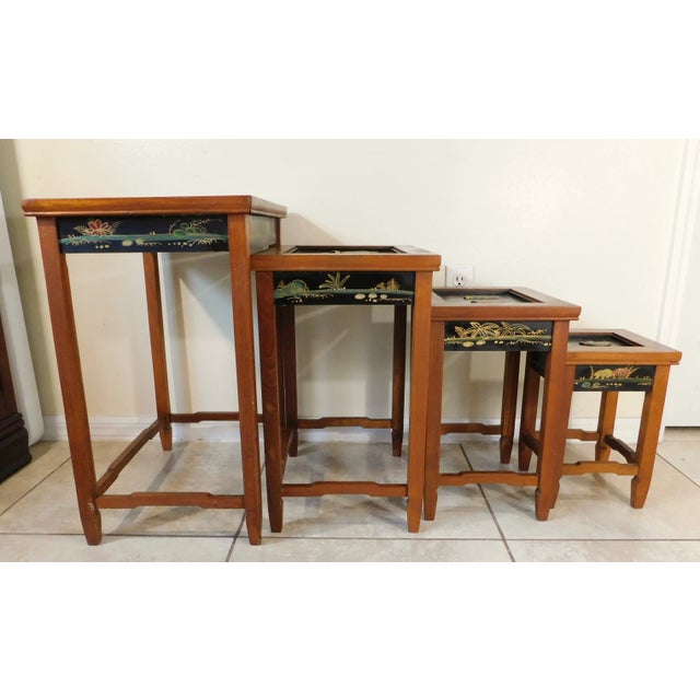 Vintage Chinese Asian Oriental Solid Wood Hand Carved Soapstone Figural Nesting Tables - Set of 4 For Sale - Image 12 of 13