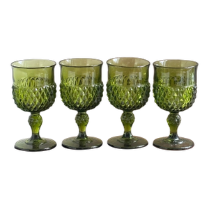 1960s Avocado Green Pressed Glass Goblets — Set of 4