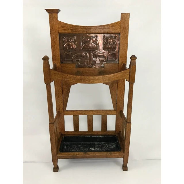 Art Nouveau Arts & Crafts Oak & Copper Umbrella Stand by Shapland & Petter, c.1900 For Sale - Image 3 of 11