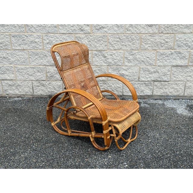 Mid-Century Modern Vintage Rattan Reclining Lounge Chair With Pull-Out Ottoman For Sale - Image 3 of 11