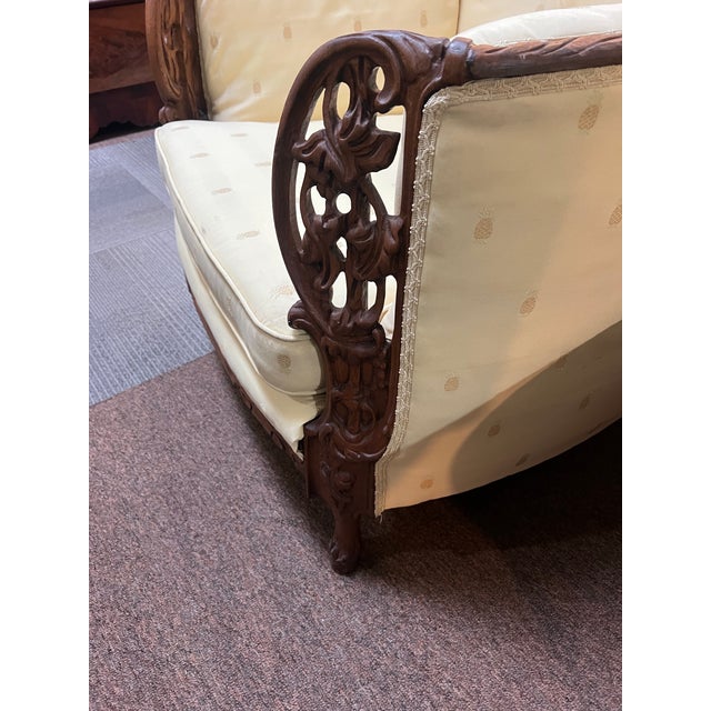 1920's Art Nouveau Carved Walnut Lounge Club Chair Pineapple Upholstery For Sale - Image 4 of 11