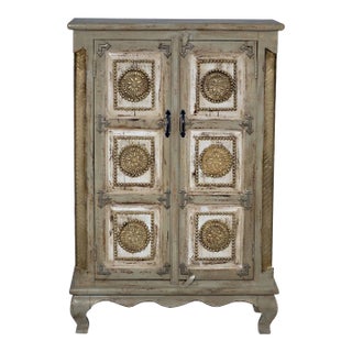 Farmhouse Style Distressed Reclaimed Wood 2-Door Cabinet | Tall Storage Cabinet | Kitchen Cabinet | Distressed Painted Brass Accents Cabinet For Sale