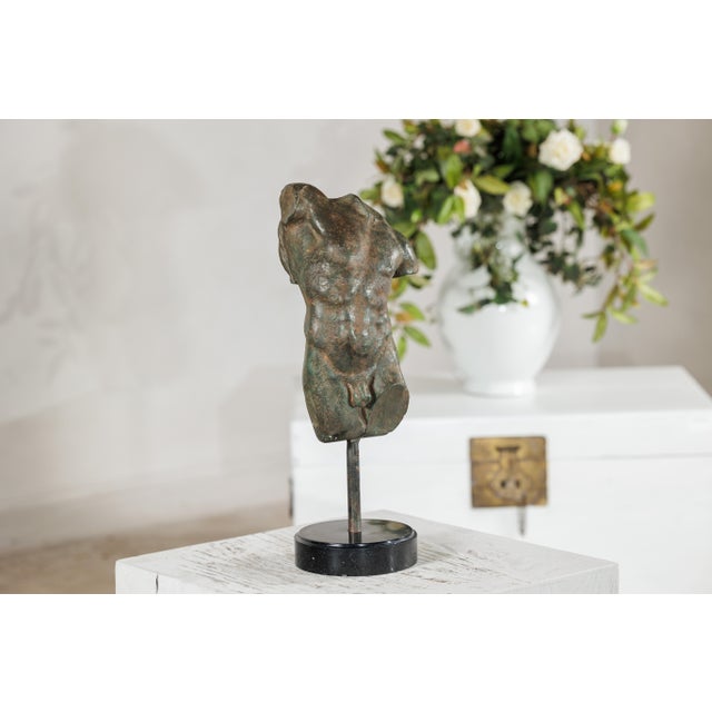 Late 20th Century Small Male Torso Bronze Sculpture on Circular Marble Base For Sale - Image 12 of 15