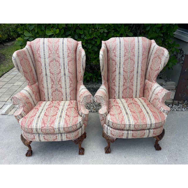 Textile Vintage Southwood Queen Anne Wingback Lounge Chairs With Carved Claw Feet – Pair For Sale - Image 7 of 10