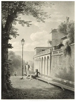 Interieur de Geneve. Un Coin De La Treille - Lithograph by A. Fontanesi 1854