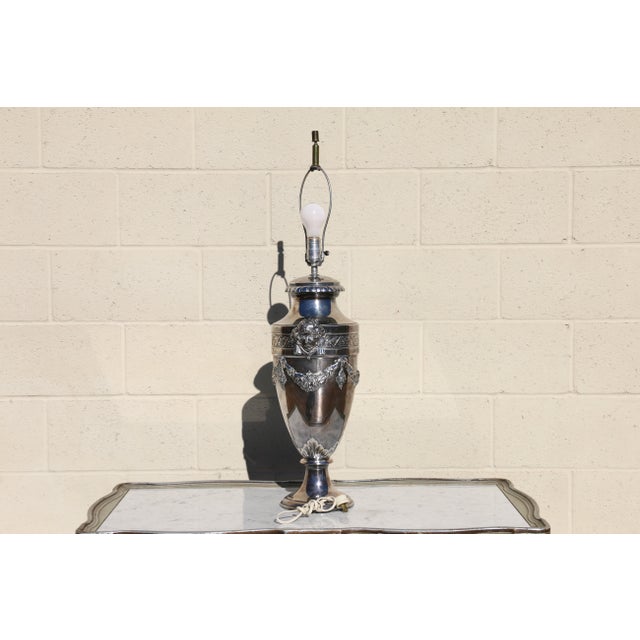 Vintage Neoclassical Silver-Plated Urn Table Lamp With Floral Garland For Sale - Image 11 of 18