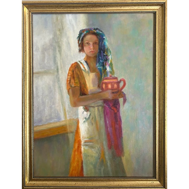 Impressionist Original Oil Painting Portrait of a Young Woman Holding a Teapot in Gold Frame For Sale - Image 3 of 5