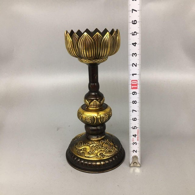 Chinoiserie Late 20th Century Pair of Gilt Bronze Lotus Candlesticks, Dragon Phoenix Relief Candle Holders, Chinoiserie Altar Decor For Sale - Image 3 of 9