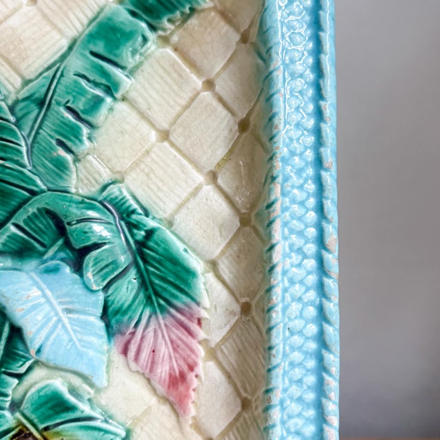 Mid 19th Century Antique Majolica Banana Leaf Pattern Rectangular Decorative Plate For Sale - Image 5 of 16