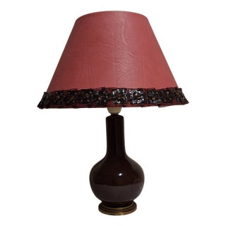 Vintage Table Lamp with a Brown Porcelain Base on a Brass Finish with a Handmade Faux Leather Lampshade from Lamplove, 1970s For Sale