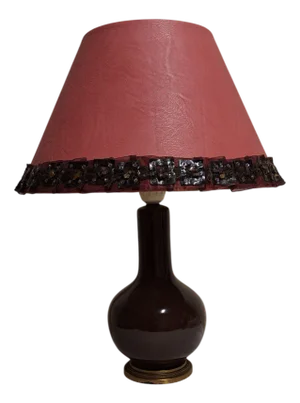 Vintage Table Lamp with a Brown Porcelain Base on a Brass Finish with a Handmade Faux Leather Lampshade from Lamplove, 1970s