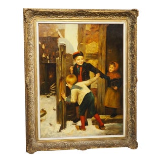 19th Century Oil on Canvas Painting, Children Playing in Winter, Alsace, France For Sale