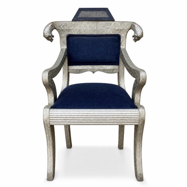 English Mid-Century Anglo-Indian Klismos Style Metal Clad Chairs W/ Lions & Velvet - Pair For Sale - Image 3 of 11