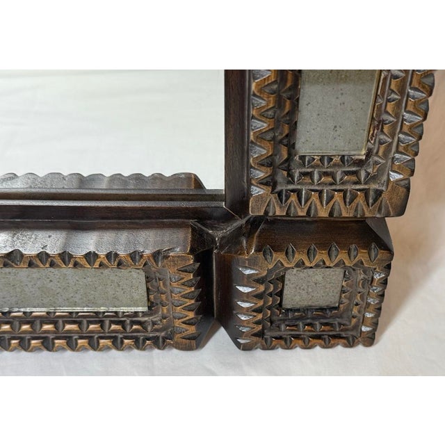 Currey & Company Currey & Company Tramp Art Handcrafted Wood Square Mirror Antiqued Border For Sale - Image 4 of 12