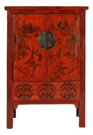 19th Century Qing Dynasty Red Lacquer Cabinet with Original Hand-Painted Scenes