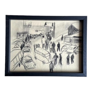 1970s Vintage Pencil Drawing of Skier, Innsbruck Austria, Chalet Ski Art For Sale