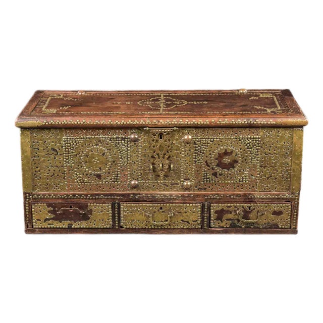 19th Century Brass-Clad Trunk With Three Base Drawers For Sale