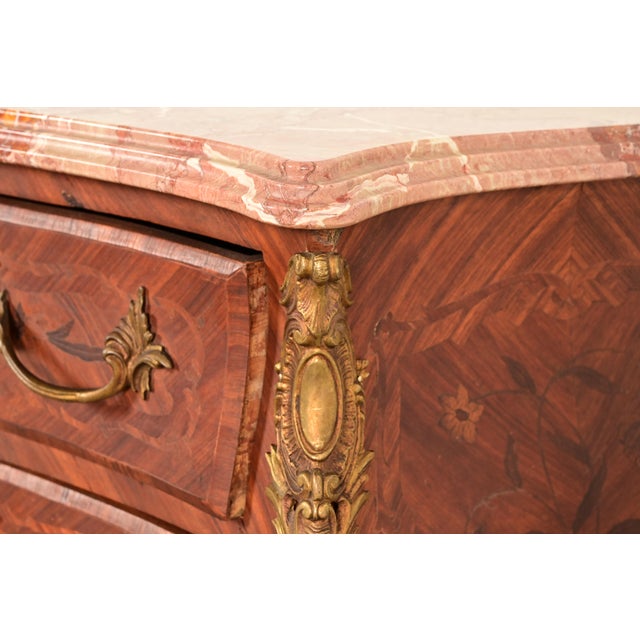 Paul Sormani Style Antique French Provincial Louis XV Kingwood Inlaid Marquetry Marble Top Commode With Mounted Ormolu | Circa 1920s For Sale - Image 10 of 17