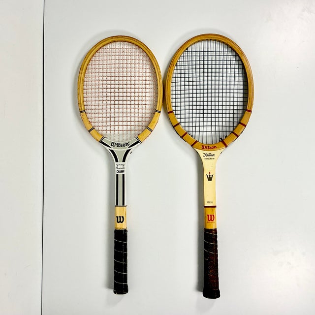 1970s Vintage Americana Boho Chic Wood Wilson Tennis Rackets Decorative Wall Objects - Set of 2. For Sale - Image 5 of 12