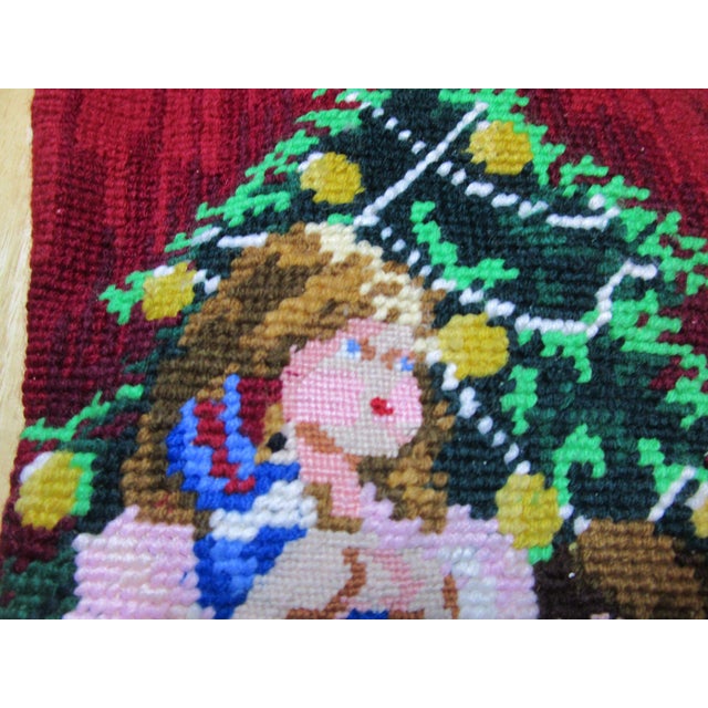 1970s Vintage Needlepoint Christmas Stocking Victorian Children With Toys Red Back For Sale - Image 5 of 6