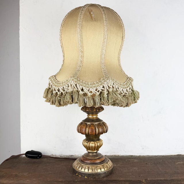 Wood Vintage Italian Silk Lampshade Carved Wood Table Lamp, 1980s For Sale - Image 7 of 16