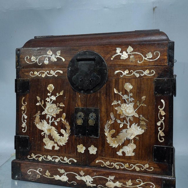 Brown Antique Huanghuali Wood Official's Chest With Mother-of-Pearl Inlay (Phoenix & Floral Motif) For Sale - Image 8 of 9
