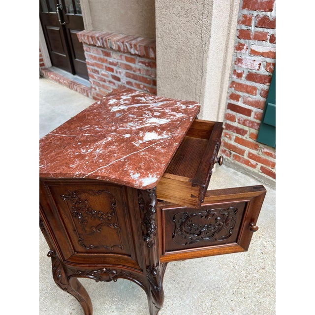 Antique French Nightstand Cabinet Marble Top Louis XV Carved Walnut C1890 For Sale - Image 11 of 18