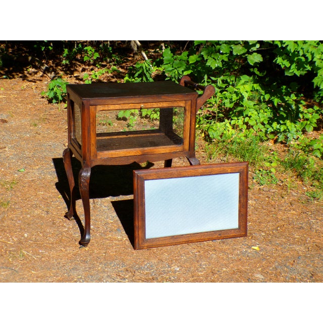 Wood Antique Solid Oak Vitrine Cabinet Serving Bar Tea Cart Trolley For Sale - Image 7 of 18