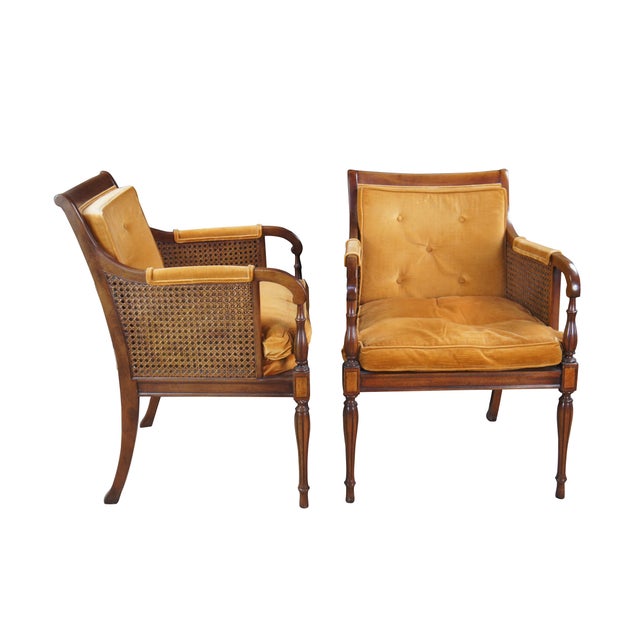 Traditional 2 Hickory Chair French Regency Double Caned Walnut Fauteuil Bergere Armchairs For Sale - Image 3 of 14