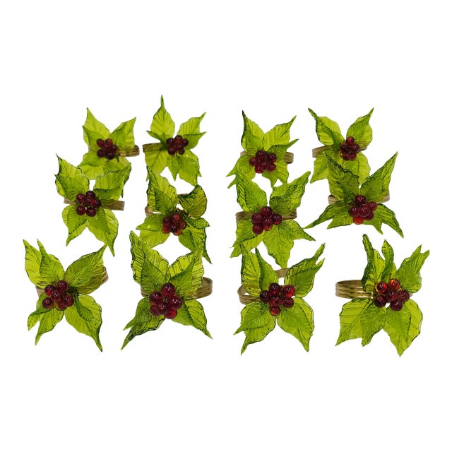 Late 20th Century Holly Berry Beaded Holiday Napkin Rings - Set of 12 For Sale