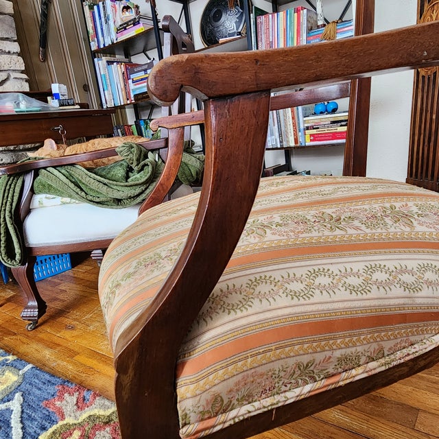 Antique Parisian Armchair, Side / Parlor, Gilt Floral Inlaid Medallion & Gilt Lined Frame French Victorian Original Satin STripe Uphostery - Few Flaws For Sale In South Bend - Image 6 of 16