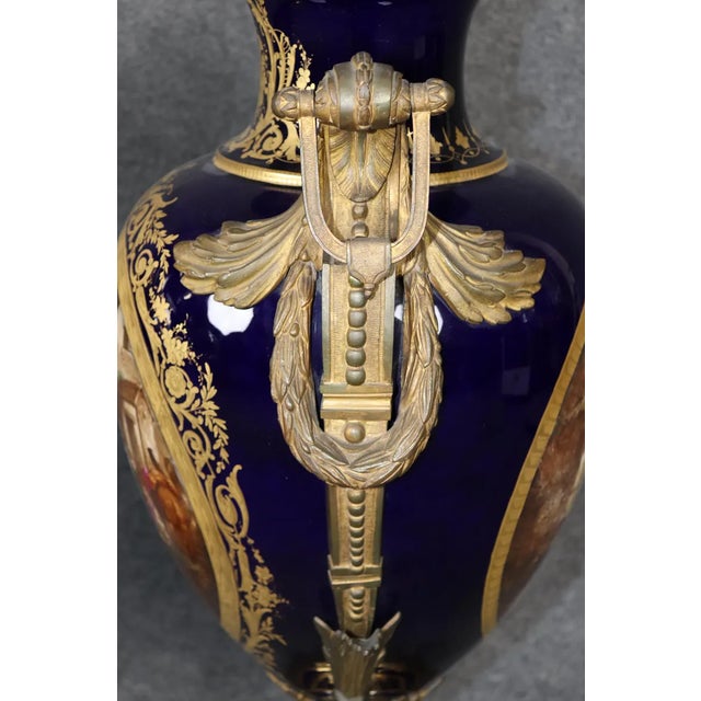 Palatial 19th Century French Cobalt Blue Porcelain Vases - Attributed to Sèvres (Pair) For Sale - Image 9 of 15