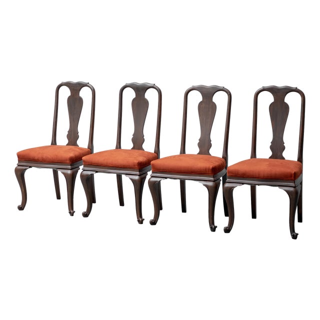 Brown Wood and Fabric Chairs, 1950s, Set of 4 For Sale